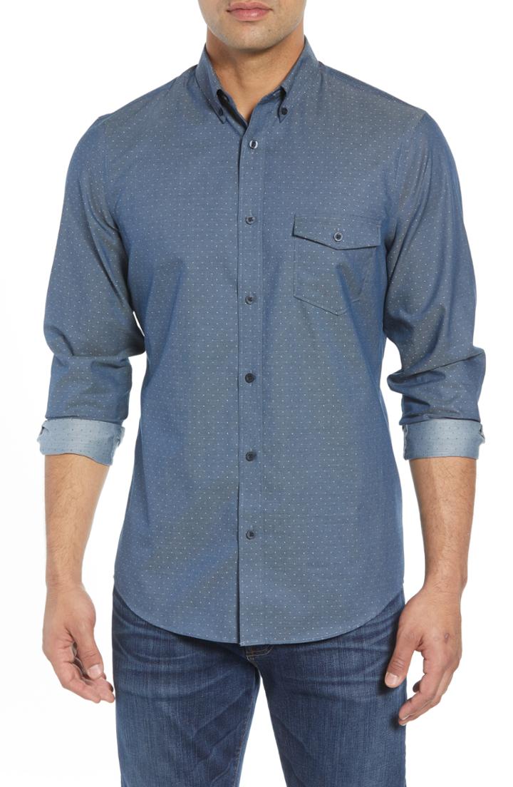 Men's Nordstrom Men's Shop Regular Fit Dobby No-iron Sport Shirt, Size - Blue