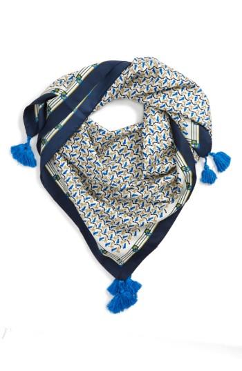 Women's Tory Burch Stallion Silk Square Scarf With Tassels, Size - Ivory