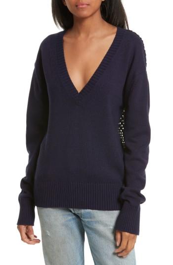 Women's Opening Ceremony Crochet Back Cotton Sweater - Blue