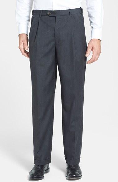 Men's Berle Self Sizer Waist Pleated Wool Gabardine Trousers X 32 - Black