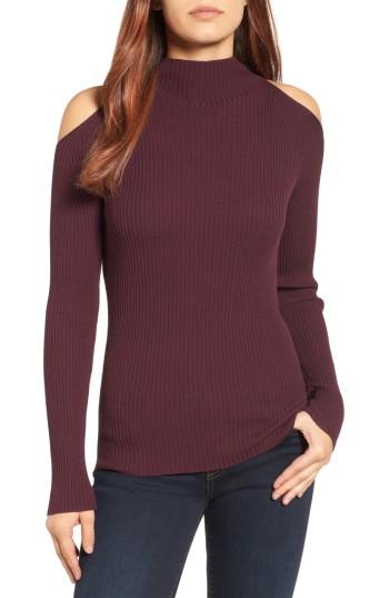Women's Halogen Rib Knit Cold Shoulder Sweater - Burgundy