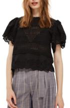 Women's Topshop Broderie Ruffle Sleeve Top Us (fits Like 0) - Black