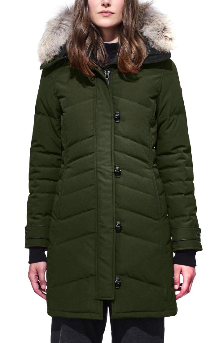 Women's Canada Goose 'lorette' Hooded Down Parka With Genuine Coyote Fur Trim (14-16) - Green