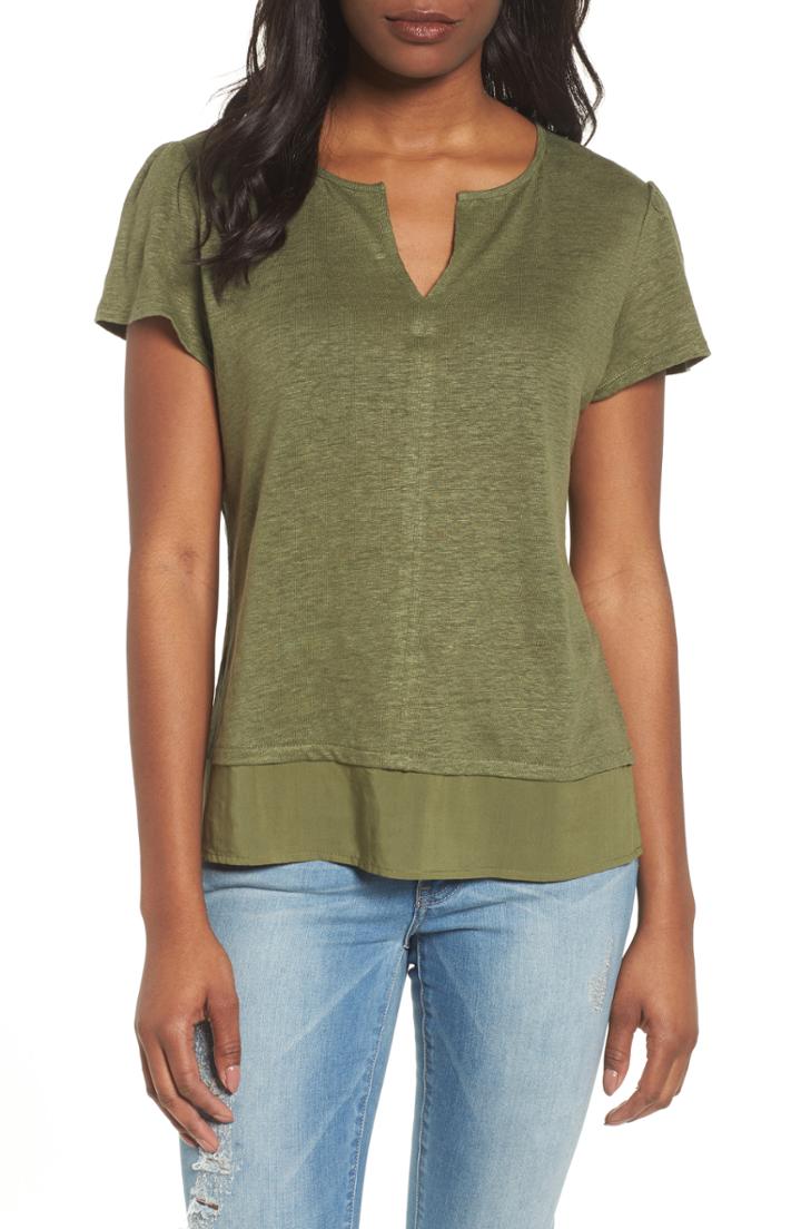 Petite Women's Sanctuary Uptown Tiered Hem Linen Tee P - Green