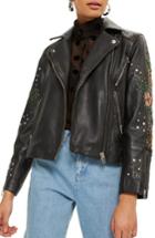 Women's Topshop Fleur Beaded Faux Leather Biker Jacket Us (fits Like 0-2) - Black