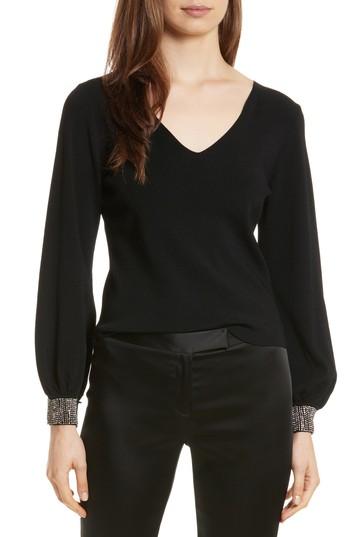 Women's Milly Gem Cuff V-neck Sweater, Size - Black