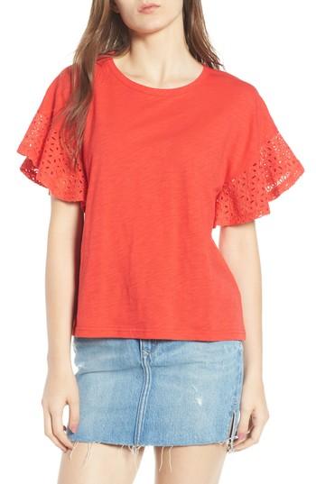 Women's Calibe Eyelet Sleeve Burnout Tee - Red