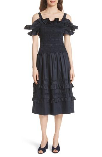 Women's Rebecca Taylor Cold Shoulder Smocked Cotton Dress - Blue
