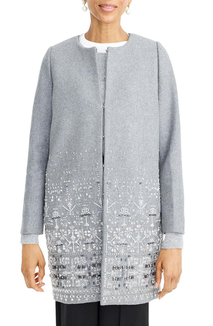 Women's J.crew Collection Embelllished Wool Melton Cocoon Coat - Grey