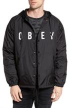 Men's Obey Anyway Snap Front Hooded Coach's Jacket, Size - Black