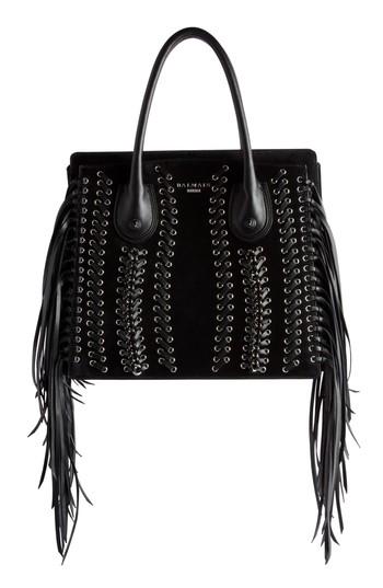 Balmain Fringe Leather Top Handle Bag - Black