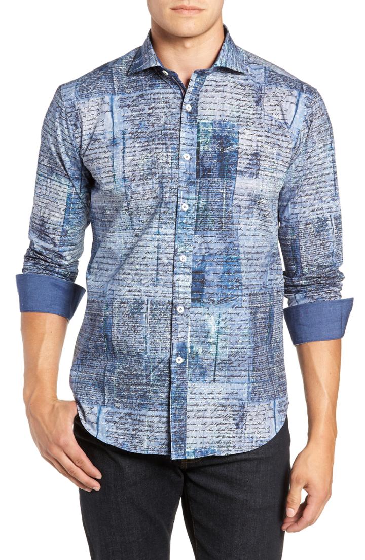 Men's Bugatchi Shaped Fit Script Print Sport Shirt, Size - Blue
