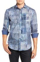 Men's Bugatchi Shaped Fit Script Print Sport Shirt, Size - Blue