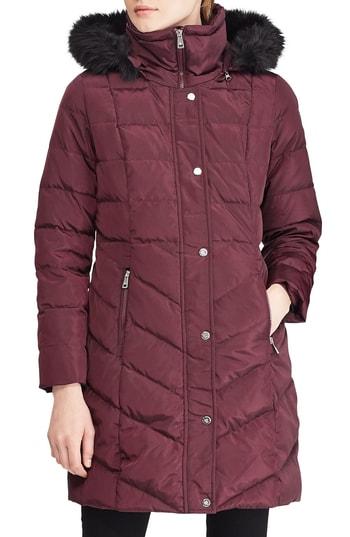 Women's Lauren Ralph Lauren Faux Fur Trim Down Jacket - Burgundy
