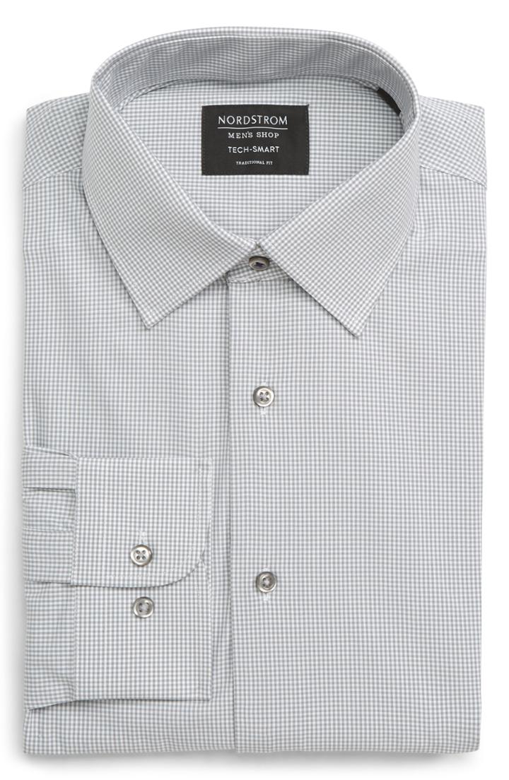 Men's Nordstrom Men's Shop Tech-smart Traditional Fit Stretch Check Dress Shirt .5 - 32/33 - Grey