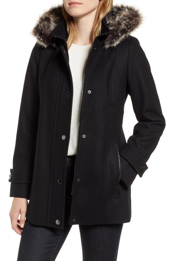 Women's London Fog Faux Fur Hooded Wool Car Coat