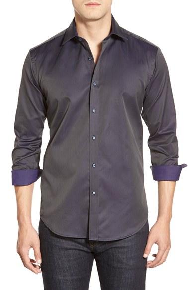Men's Bugatchi Shaped Fit Stripe Sport Shirt - Black