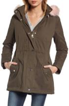 Women's Guess Parka With Removable Faux Fur Trim Hood - Green
