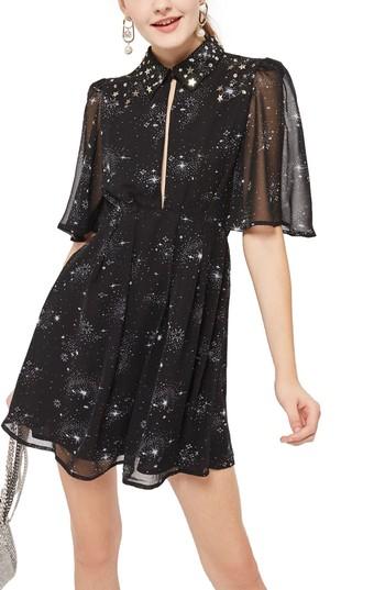 Women's Topshop Embellished Star Print Skater Dress Us (fits Like 0) - Black