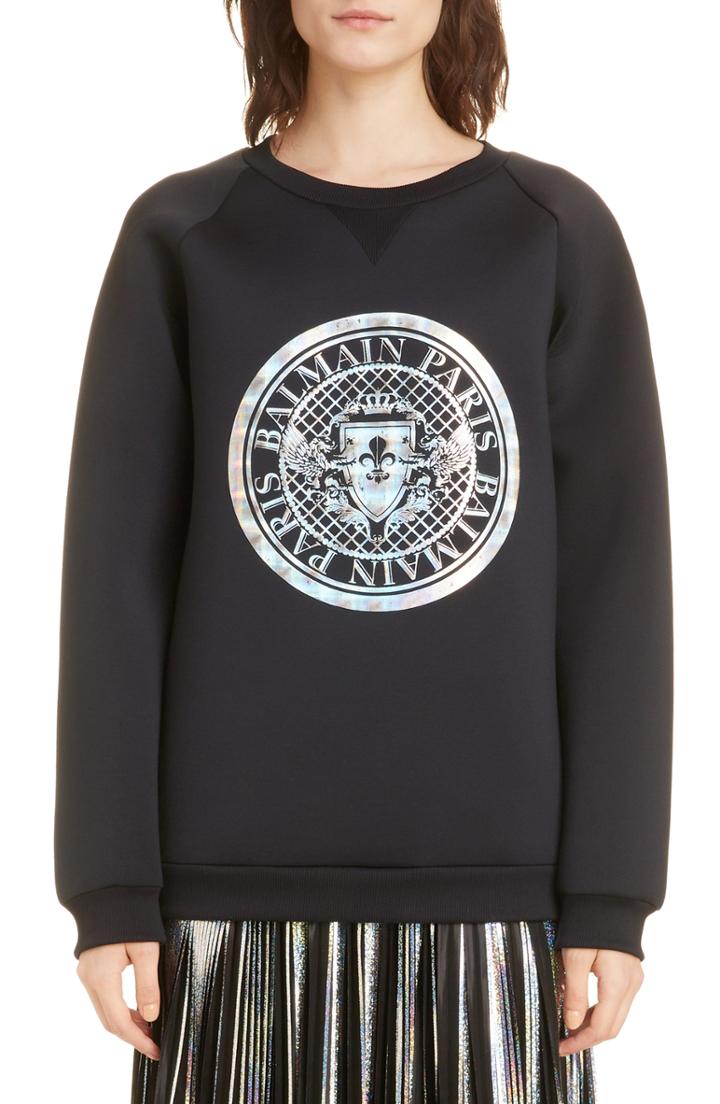 Women's Balmain Hologram Coin Logo Neoprene Sweatshirt Us / 38 Fr - Black