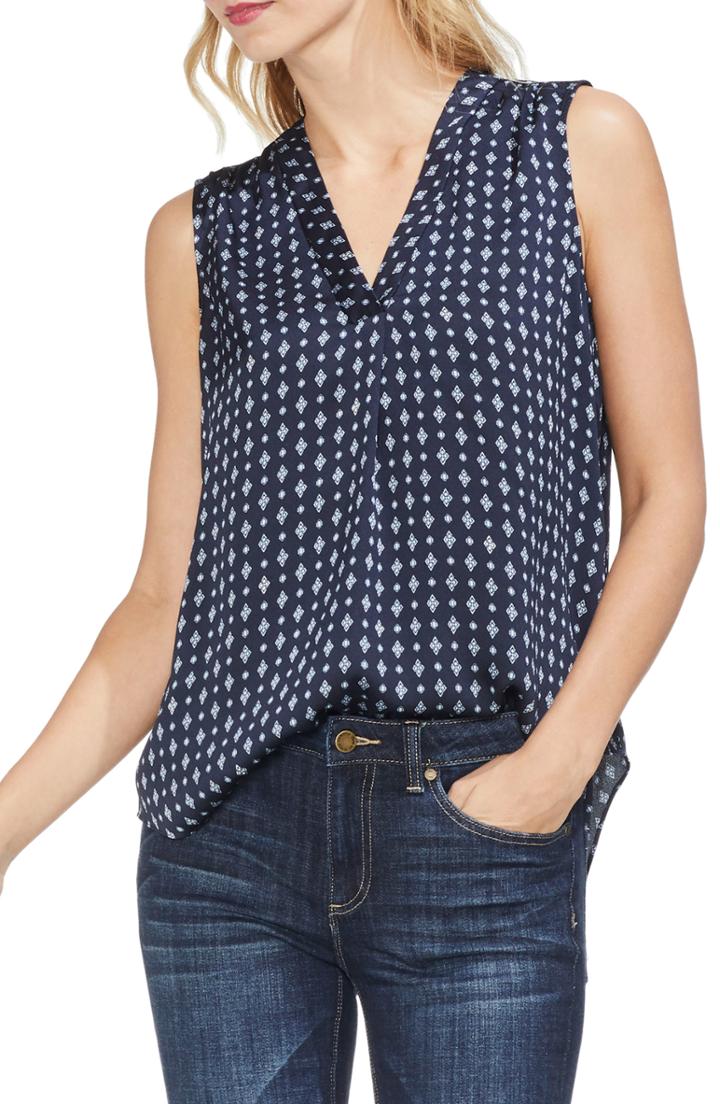 Women's Vince Camuto Geo Print Pleat Front Blouse, Size - Blue