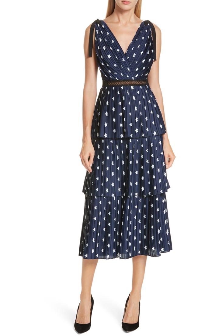 Women's Self-portrait Star Print Tiered Midi Dress - Blue