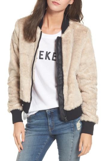 Women's Coffee Shop Faux Fur Bomber Jacket - Beige