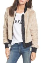Women's Coffee Shop Faux Fur Bomber Jacket - Beige