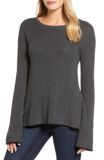 Petite Women's Vince Camuto Tipped Bell Sleeve Sweater, Size P - Grey