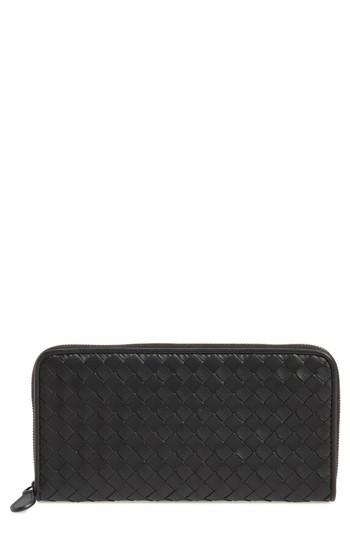 Women's Bottega Veneta Intreccio Zip Around Wallet - Black