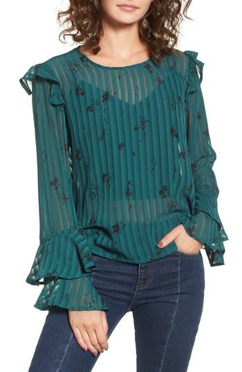 Women's Bp. Ruffled Sheer Stripe Blouse - Green
