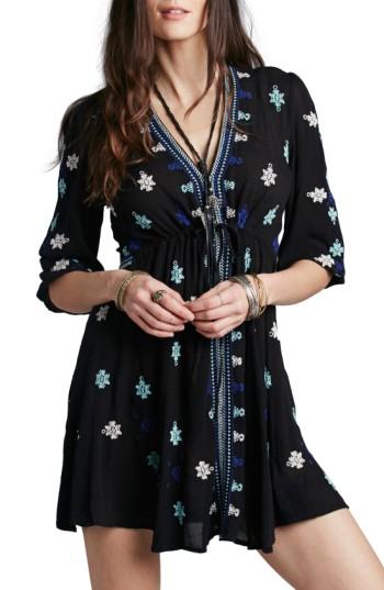 Women's Free People 'star Gazer' Embroidered Tunic Dress - Black