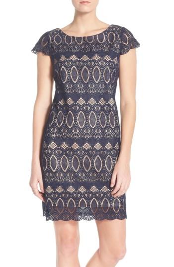 Petite Women's Eliza J Scalloped Lace Sheath Dress P - Blue