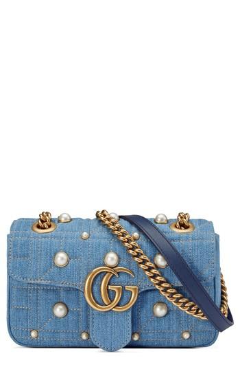 Gucci Gg Marmont 2.0 Imitation Pearl Embellished Denim Crossbody Bag - Blue