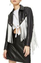 Women's Topshop Austin Fringe Leather Biker Jacket Us (fits Like 0) - Black