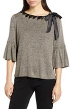 Women's Ming Wang Ruffle Sleeve Ribbon Tie Shimmer Sweater - Grey