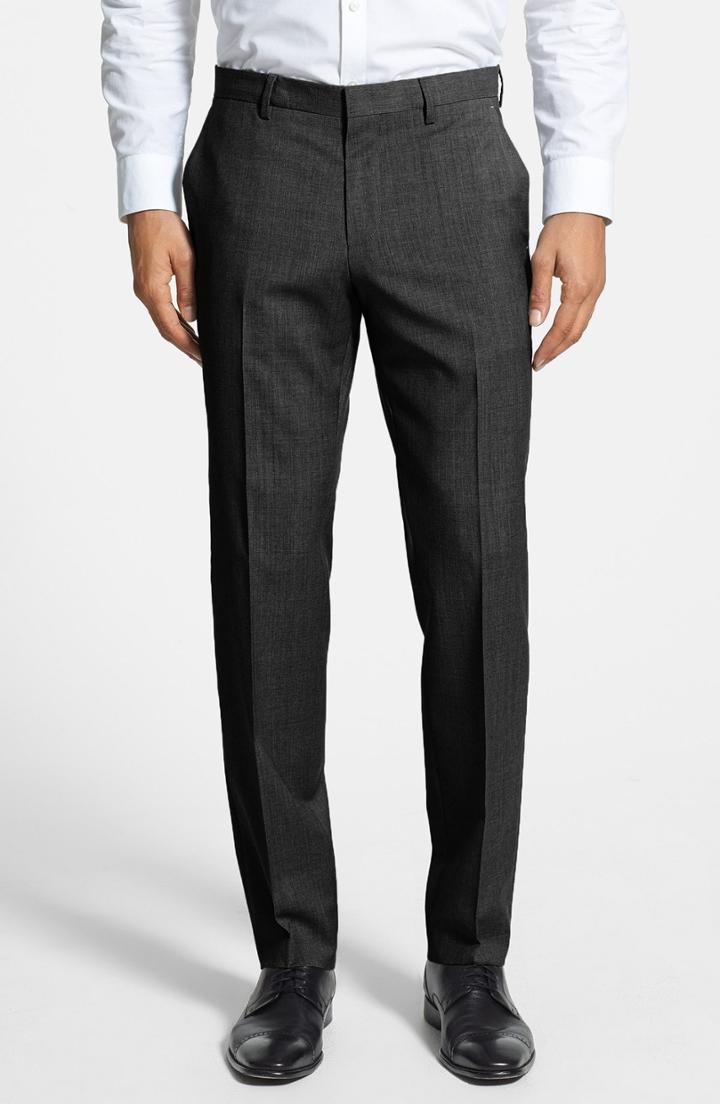 Men's Boss Genesis Flat Front Trim Fit Wool Trousers - Black