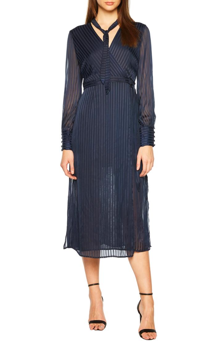 Women's Bardot Shadow Stripe Faux Wrap Midi Dress - Blue