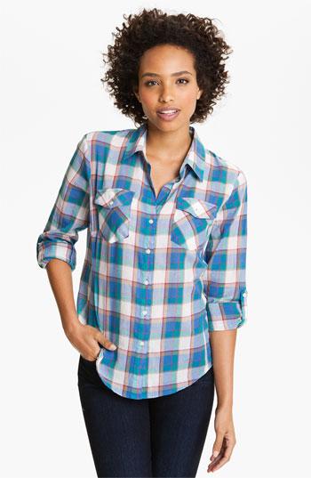 Sandra Ingrish Roll Sleeve Paid Shirt Blue Plaid Medium