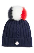 Women's Moncler Genuine Fox Fur Pom Wool Hat - Blue