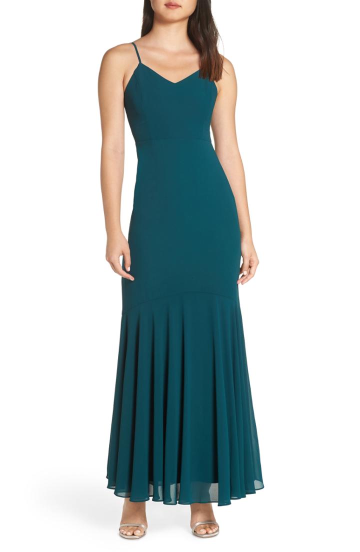 Women's Lulus V-neck Chiffon Gown - Green
