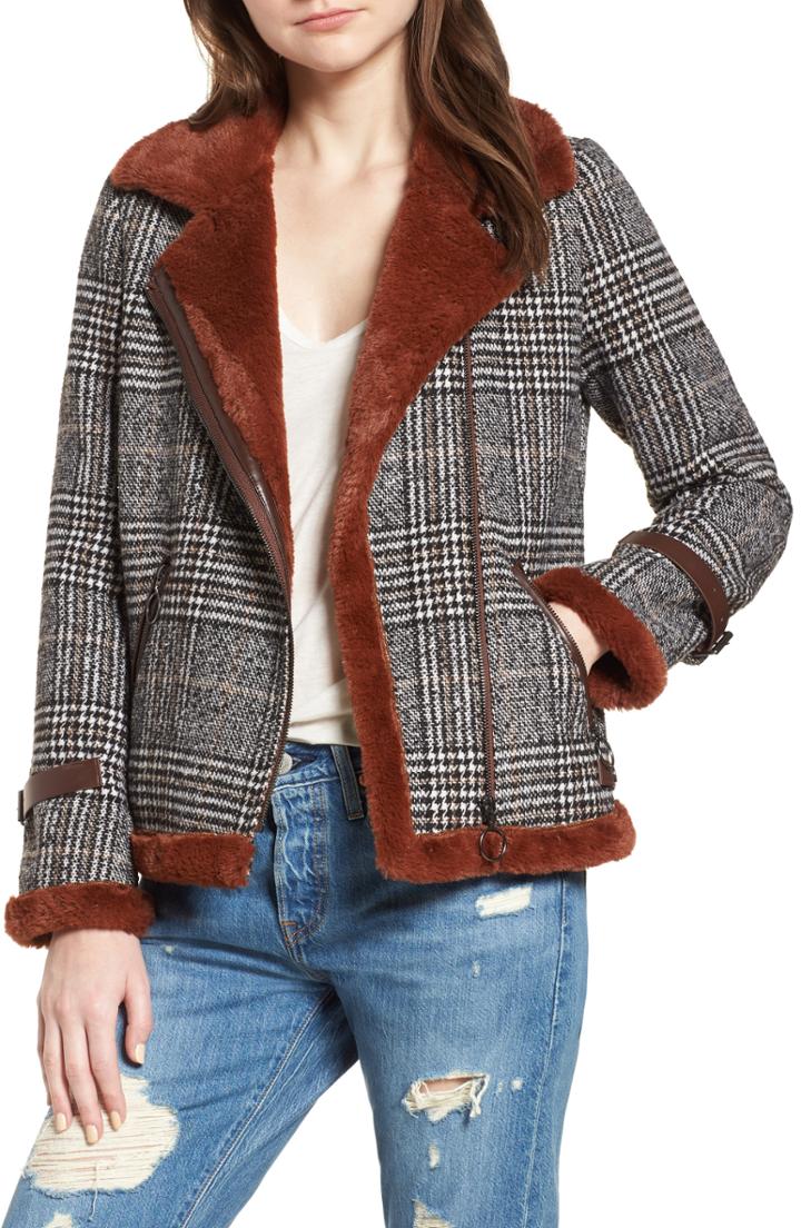 Women's Avec Les Filles Faux Fur Lined Plaid Biker Jacket