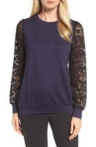 Petite Women's Bobeau Lace Sleeve Sweatshirt P - Blue