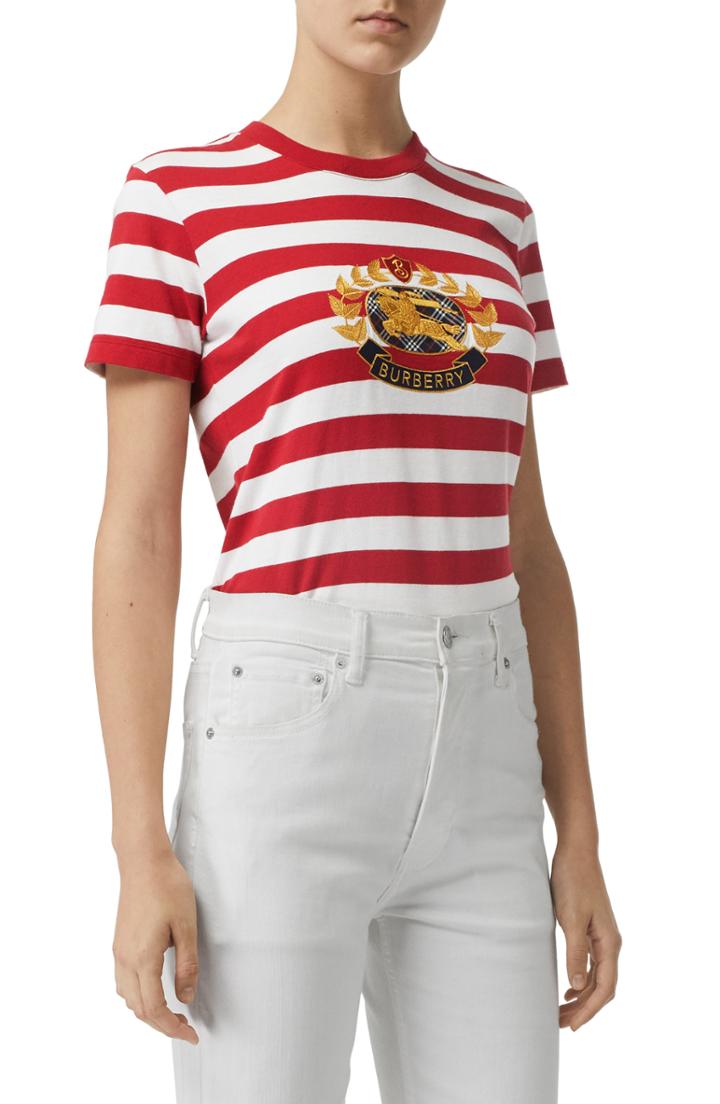 Women's Burberry Bulkley Embroidered Crest Stripe Tee, Size - Red