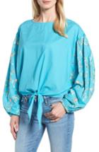 Women's Kas New York Coline Front Tie Embroidered Sleeve Blouse - Blue/green