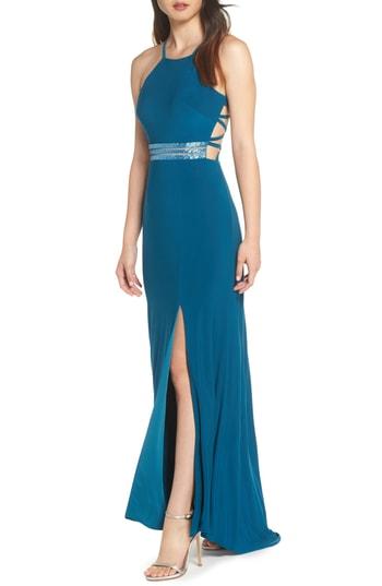 Women's Morgan & Co. Beaded Mesh Halter Gown /8 - Green