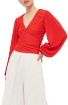 Women's Topshop Blouson Sleeve Textured Wrap Top Us (fits Like 0-2) - Red