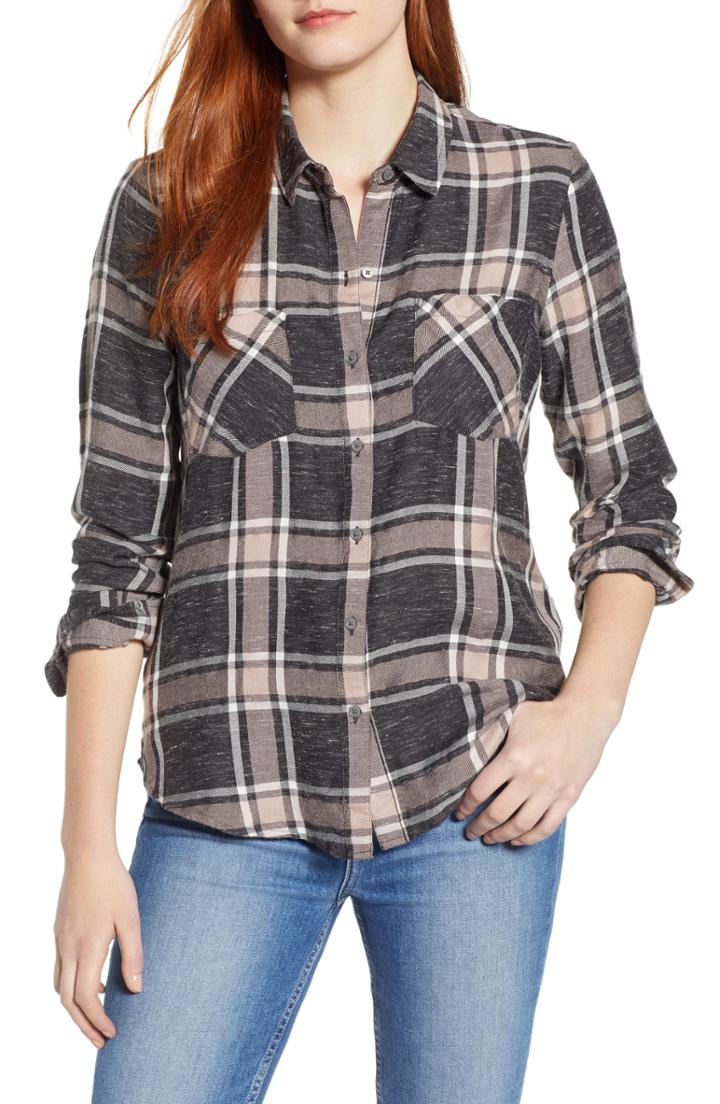Women's Lucky Brand Classic Pleat Back Plaid Shirt - Grey