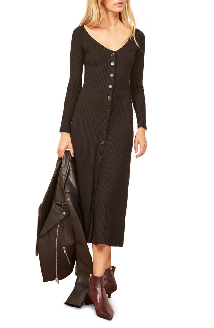 Women's Reformation Ella Ribbed Midi Dress - Black