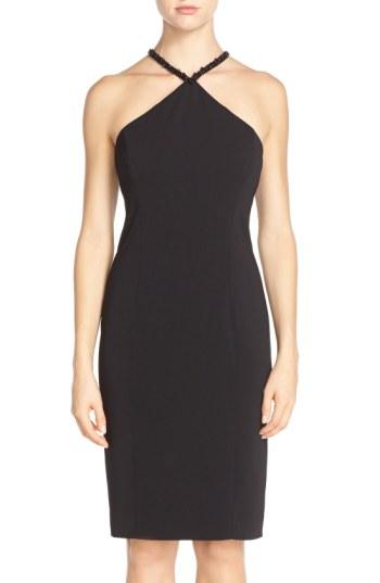 Women's Carmen Marc Valvo Infusion Beaded Neck Crepe Sheath Dress - Black